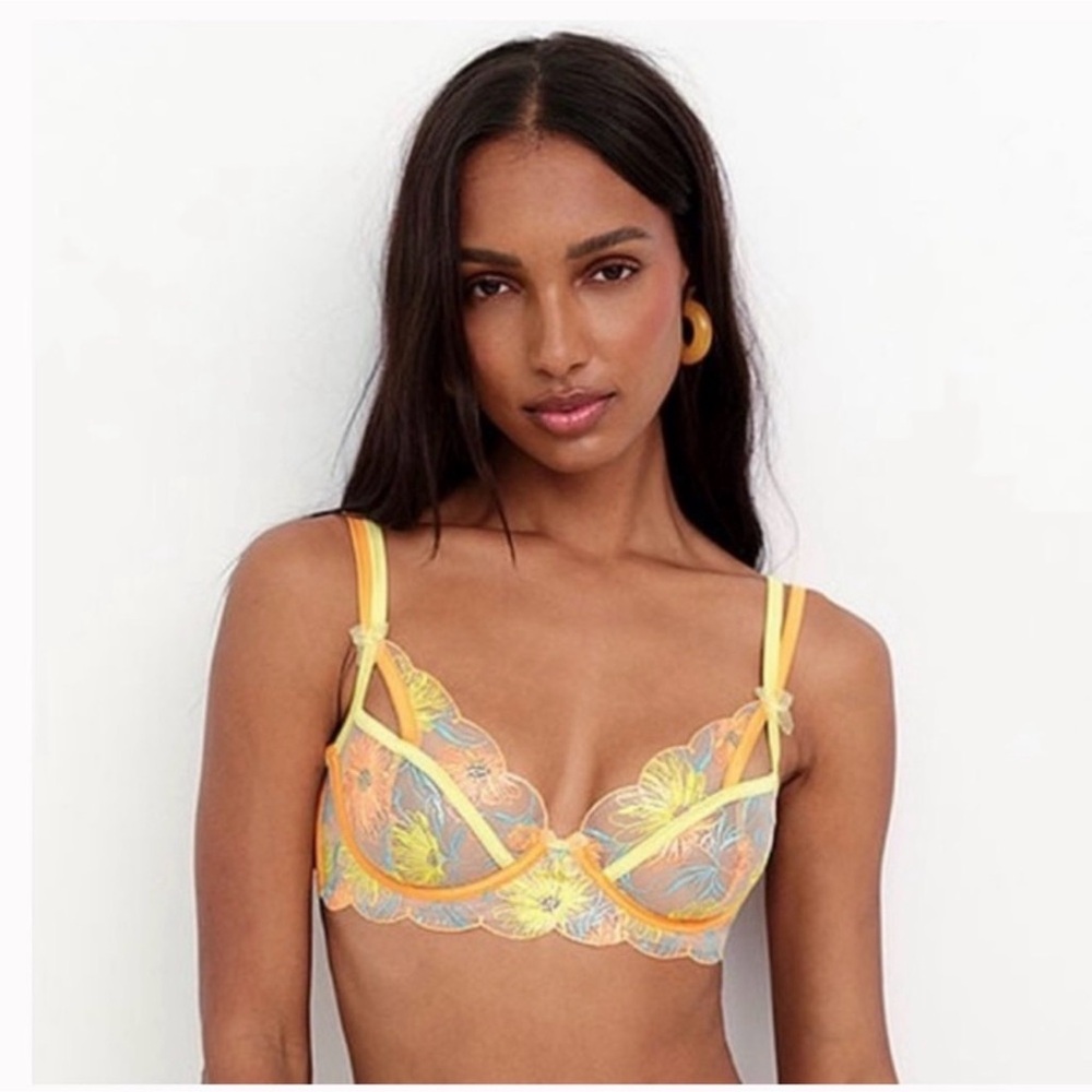 New For Love and Lemons Waterlily Embroidery Flora Tulle Mesh Underwire Bra XS
